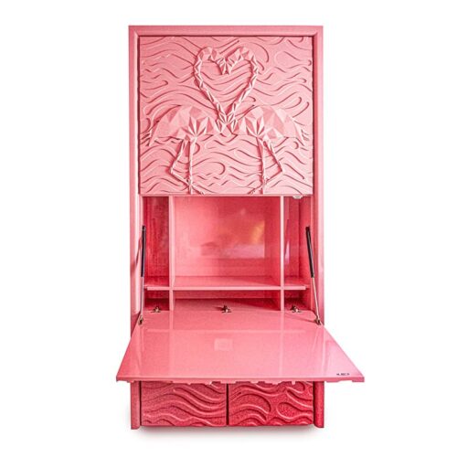 Carved Pink Flamingo Drop Down Space Saver Home Office Desk