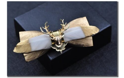 Gold Deer Head Men's Bird Fowl Feather Bow Tie - Image 5