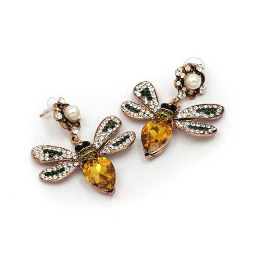 Honey Bee | Dangling Crystal Vintage Bee Earrings w/ Pearl - Image 2