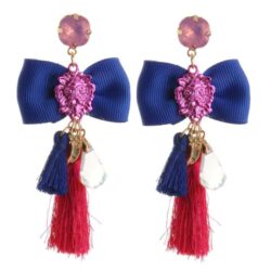 Passementarie Bow Tie Lion's Head Tassel Earrings (Bright Royal Blue & Hot Pink Tassel)