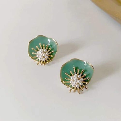 Lotus Leaf Abstract Pearl Flower Stud Earrings - Image 3