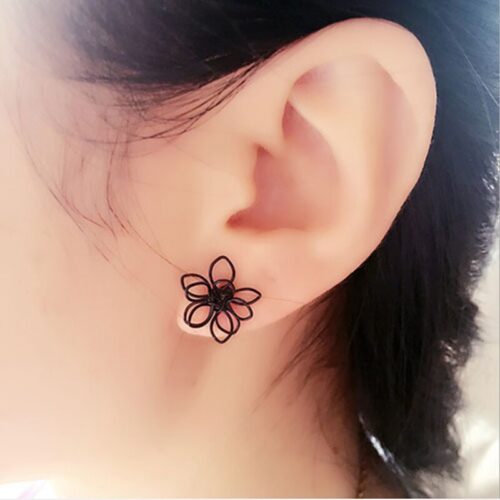 Black Wire Frame Flower Abstract Designer Stud Earrings - Image 6