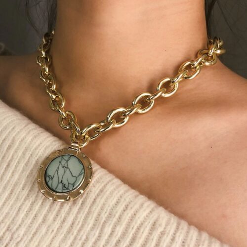 Best Teal Marble Medallion Pendant On Chunky Gold Chain Necklace - Image 10