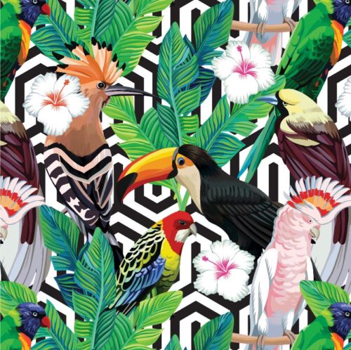 Art Deco Tropics, Artistic Tropical Bird & Palm Wallcovering