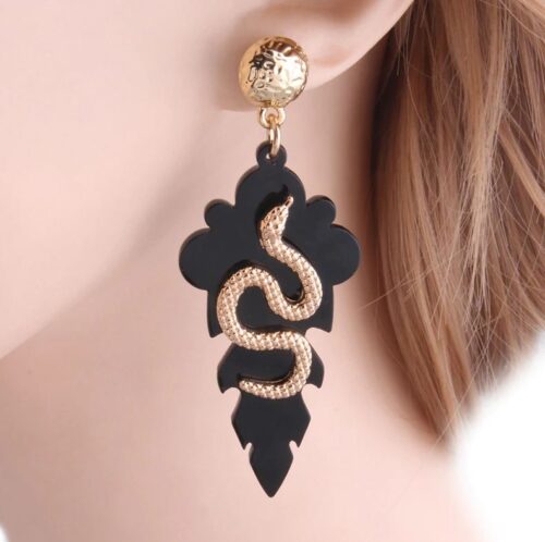Gold Etched Diamond-Back Snake Earrings On Modern Medallion Crest - Image 2