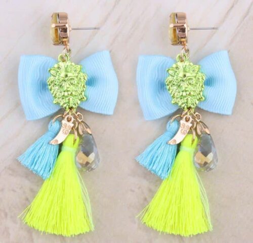 Passementarie Bow Tie Lion's Head Tassel Earrings (Caribbean Blue & Mojito Lime) - Image 3