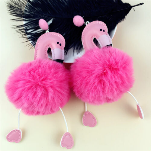 Big Flamingo Pom Pom Pendant Drop Earrings For Women Fluffy Artificial Rabbit Fur Ball Animal Dangle Earrings - Image 4