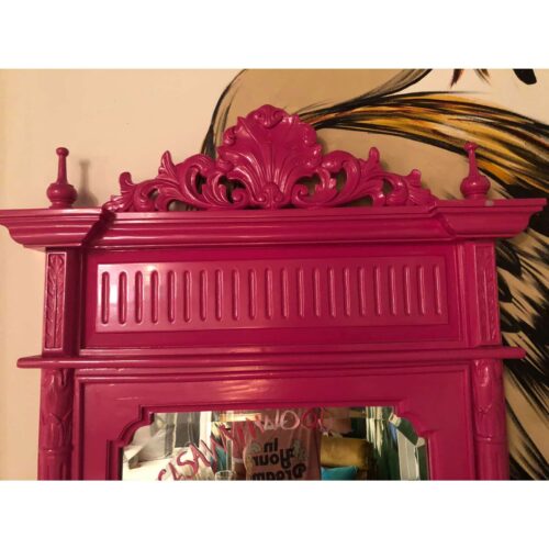 Hot Pink Lacquered Hand-Carved Solid Mahogany Floor Mirror - Image 9