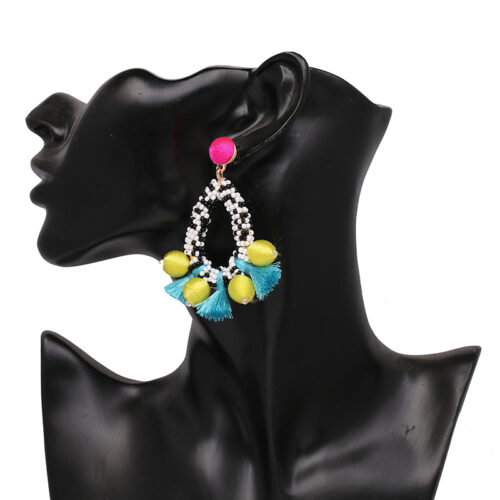 Handmade Loop Bead Tassel Earrings Contemporary Boho Earrings Teal Pink Yellow Beaded Teardrop Earrings - Image 5
