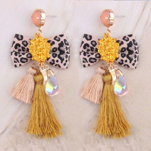 Passementarie Bow Tie Lion's Head Tassel Earrings (Mustard Tassel & Cafe BrownLeopard) - Image 3