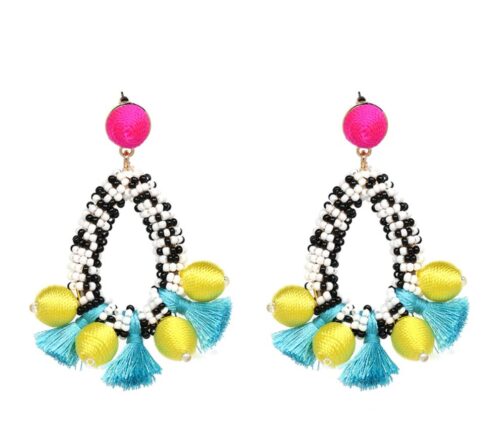 Handmade Loop Bead Tassel Earrings Contemporary Boho Earrings Teal Pink Yellow Beaded Teardrop Earrings