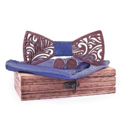 Paisley Wooden Bow Tie Gift Set w/ Cufflinks, Pocket Square