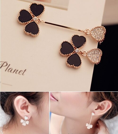 Asymmetrical Crystal Heart Stud Earrings w/ Clover Dangles | Heart Earrings | Clover Earrings - Image 4