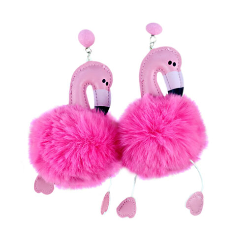 Big Flamingo Pom Pom Pendant Drop Earrings For Women Fluffy Artificial Rabbit Fur Ball Animal Dangle Earrings