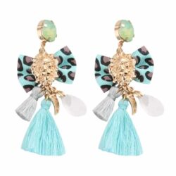 Passementarie Bow Tie Lion's Head Tassel Earrings (Ocean Blue w/ Blue Leopard & Lt. Gray Small Tassel)