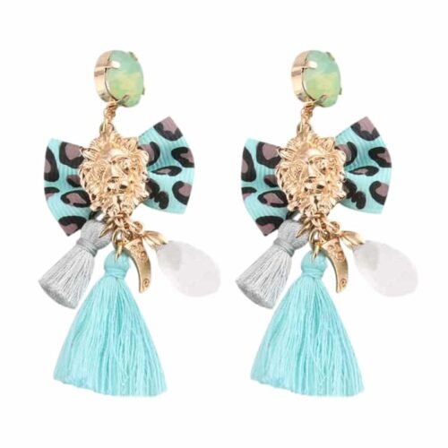 Passementarie Bow Tie Lion's Head Tassel Earrings (Ocean Blue w/ Blue Leopard & Lt. Gray Small Tassel)