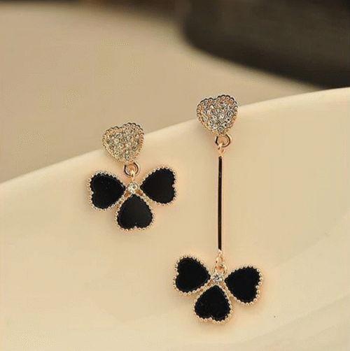 Asymmetrical Crystal Heart Stud Earrings w/ Clover Dangles | Heart Earrings | Clover Earrings - Image 5