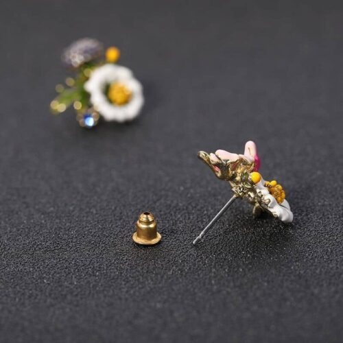 Asymmetrical French Flowers Enamel Hand-painted Earrings | Detailed Flower Earrings - Image 3