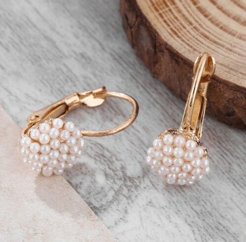 Dainty Elegant Pearl Bead Ear Gold Lever Back Earrings - Image 3