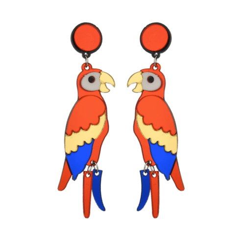 OSGOOD ART DECO RED ACRYLIC MACAW PARROT EARRINGS