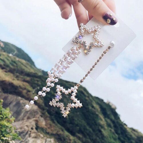 Falling Stars | Asymmetrical Pearl Star Earrings New Year Earrings - Image 2