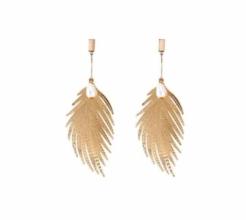 Golden Palm Leaf Earrings w/ Pearls