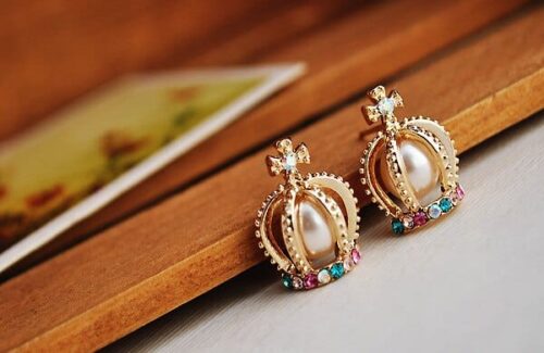 Cross & Crown Pearl Rhinestone Stud Earrings - Image 3