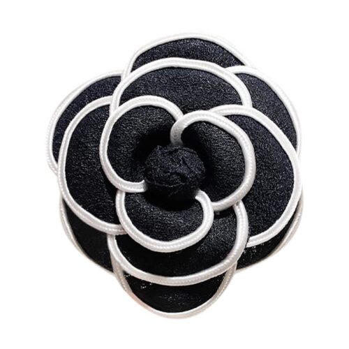 Beautiful Black & White 12-Petal Camellia Brooch Pin French Stitched Hair Clip