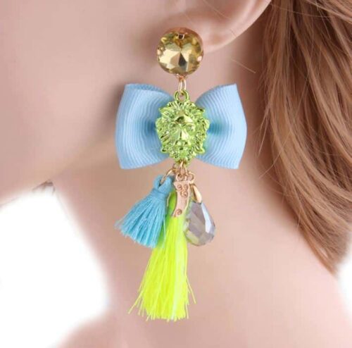Passementarie Bow Tie Lion's Head Tassel Earrings (Caribbean Blue & Mojito Lime) - Image 2