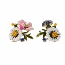 Asymmetrical French Flowers Enamel Hand-painted Earrings | Detailed Flower Earrings