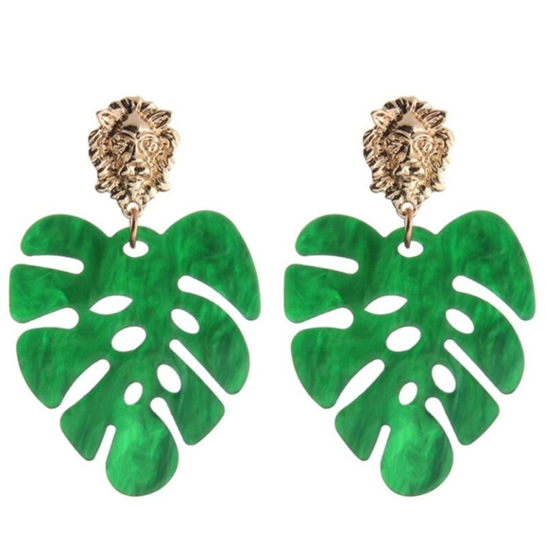designer earrings, designer earring, tropical earrings, tropical designer earrings, acrylic palm leaf earrings, palm leaf earrings, palm earrings, lion head earrings, versace style earrings, Miami Venetian Versace Vibes Acrylic Palm Leaf Earrings