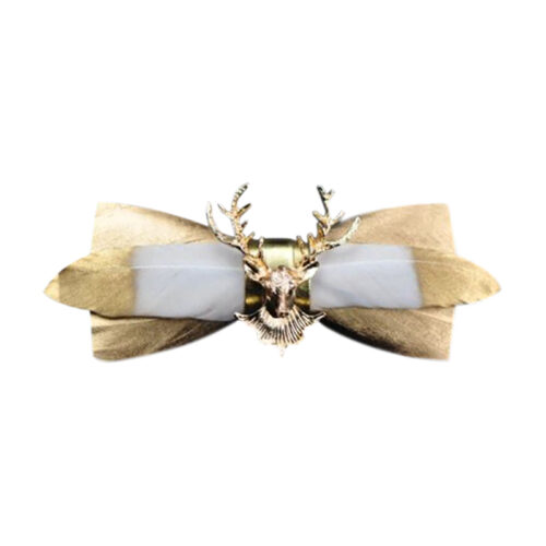 Gold Deer Head Men's Bird Fowl Feather Bow Tie