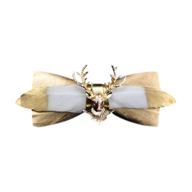 Gold Deer Head Men's Bird Fowl Feather Bow Tie