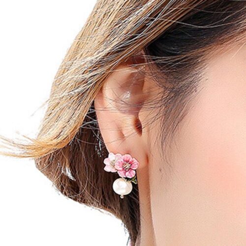 Hand-painted Vintage Flower Pearl Stud Earrings - Image 4