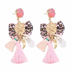 Passementarie Bow Tie Lion's Head Tassel Earrings (Pink & Leopard)