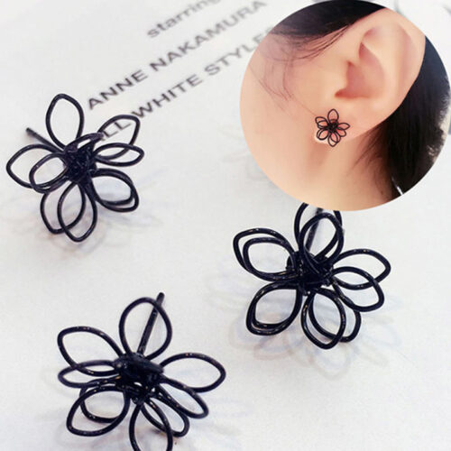 Black Wire Frame Flower Abstract Designer Stud Earrings - Image 5