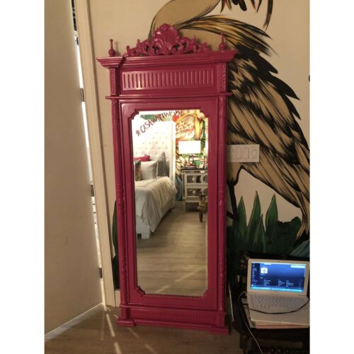 Hot Pink Lacquered Hand-Carved Solid Mahogany Floor Mirror - Image 5