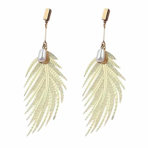 Golden Palm Leaf Earrings w/ Pearls - Image 2