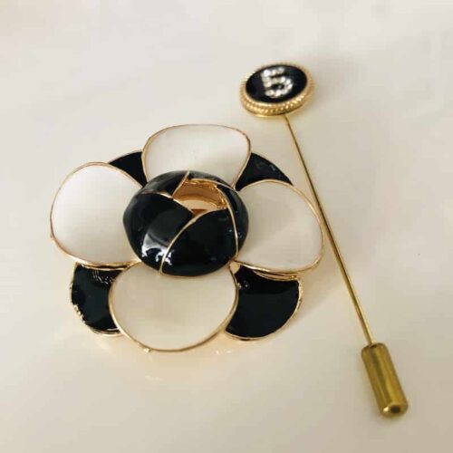 No. 5 Pin w/ Black & White Camellia Flower Brooch - Image 4