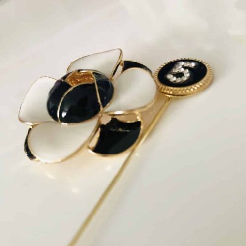No. 5 Pin w/ Black & White Camellia Flower Brooch - Image 7