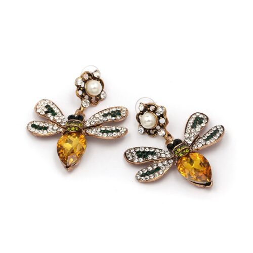 Honey Bee | Dangling Crystal Vintage Bee Earrings w/ Pearl - Image 3