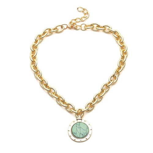 Best Teal Marble Medallion Pendant On Chunky Gold Chain Necklace