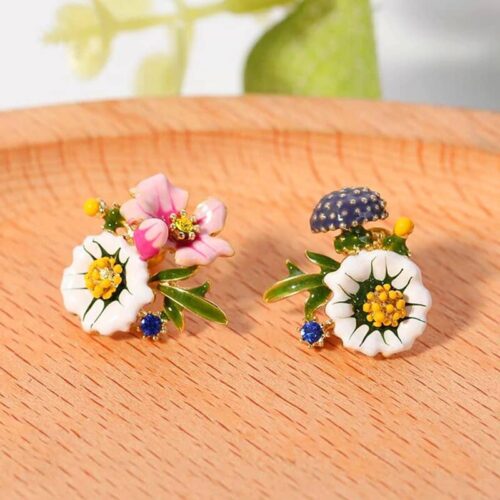 Asymmetrical French Flowers Enamel Hand-painted Earrings | Detailed Flower Earrings - Image 5