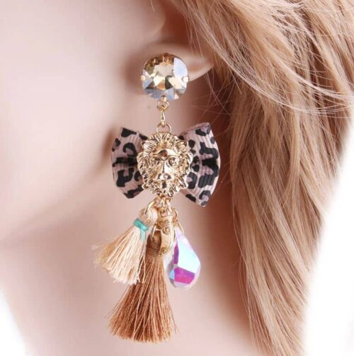 Cafe Brown Passementarie Bow Tie Lion's Head Tassel Earrings (Cafe Brown & Brown Leopard) - Image 2