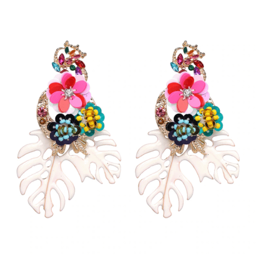 Beautiful #1 Art Deco Enamel Palm Leaf Rhinestone Flower Earrings - Image 3