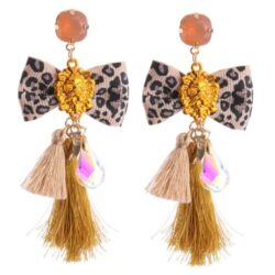 Passementarie Bow Tie Lion's Head Tassel Earrings (Mustard Tassel & Cafe BrownLeopard)