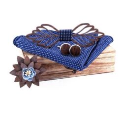 Wooden Leaf Bowtie, Flower Pin, Hankie, 1 Cufflink Gift Set