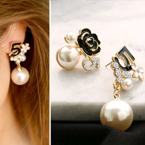 No. 5 Assemmetric Pearl & Black Enamel Rose Earrings - Image 10