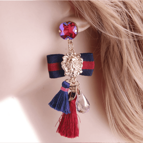 Passementarie Bow Tie Lion's Head Medallion Tassel Earrings (Navy & Burgundy Stripe) - Image 2