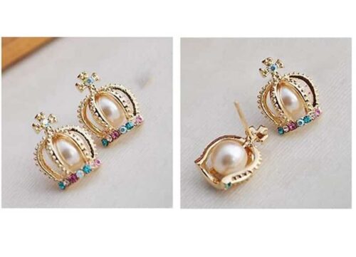 Cross & Crown Pearl Rhinestone Stud Earrings - Image 4